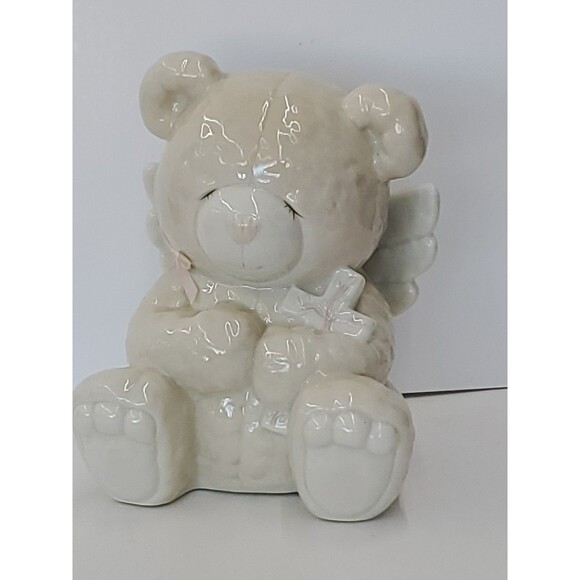 Other - Ceramic Bank - Teddy Bear W/ Angel Wings & Cross- Unmarked - Coins/Nursery/Pink